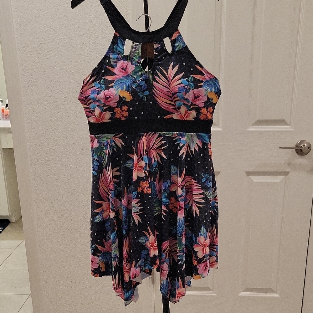 BloomChic Black One-Piece Swimdress with Pink & Blue Tropical Floral Print